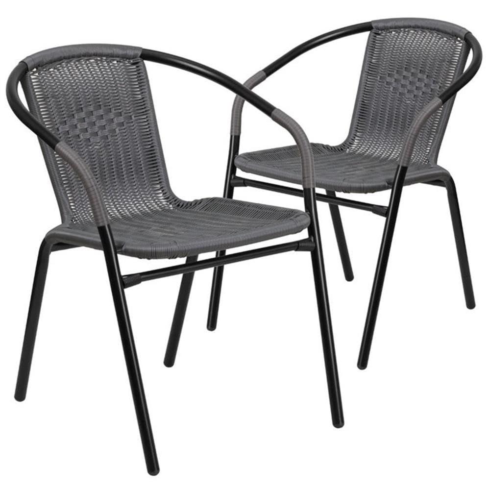 Stackable Rattan Dining Arm Chair Set, 28.5" H x 21.75" W x 23.5" D, Gray Finish, Curved Back, Black Steel Frame, Modern Indoor/Outdoor Seating for Patio, Restaurant, Café or Kitchen