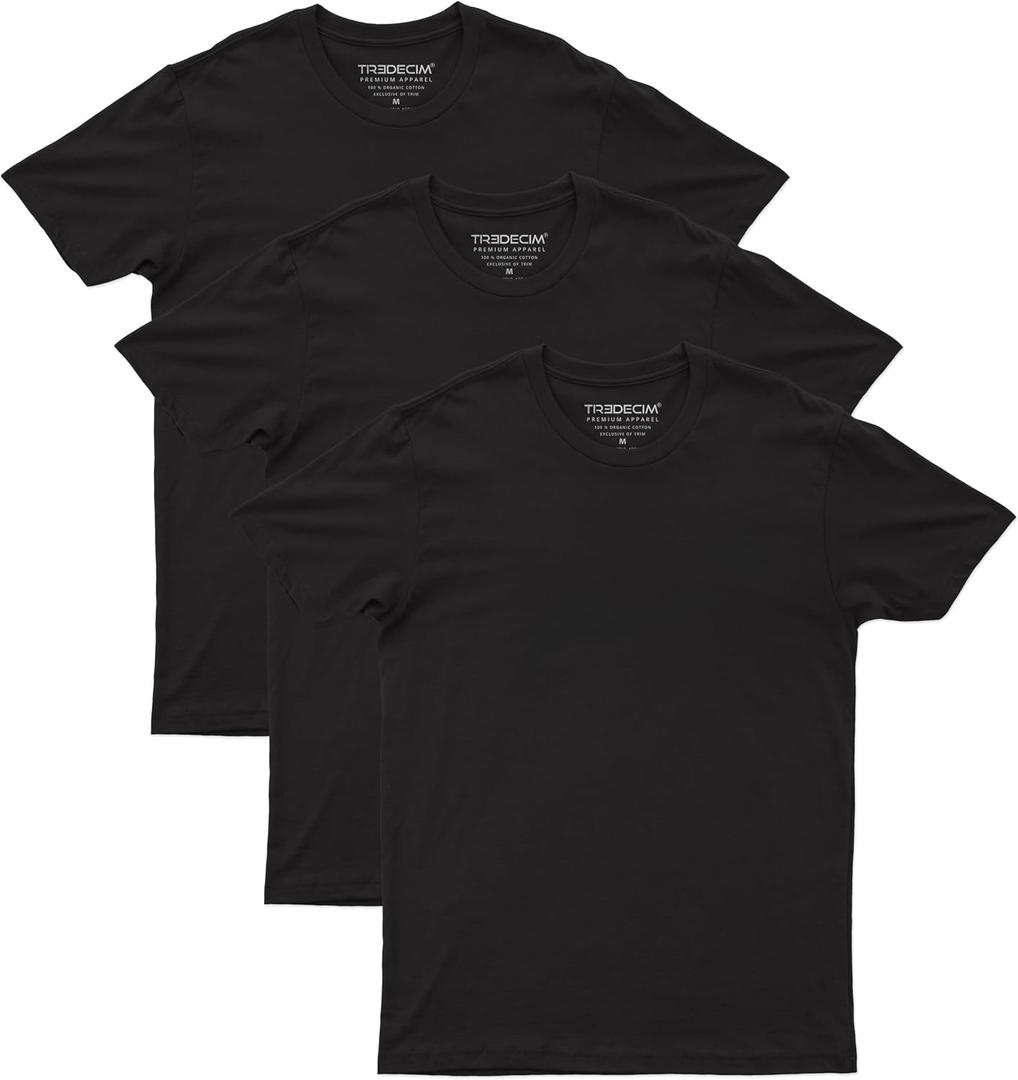 TREDECIM Men's 100% Organic Cotton Fine Jersey Soft Lightweight Short Sleeve Crew Neck T-Shirts Pack of 3 
(Black, Medium)