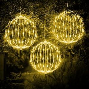 LED Light Balls Outdoor Set of 3, Hanging Tree Globe Lights with Fold Flat Metal Frame for Outside, Garden, Yard, Christmas Sphere Decoration (Warm White)