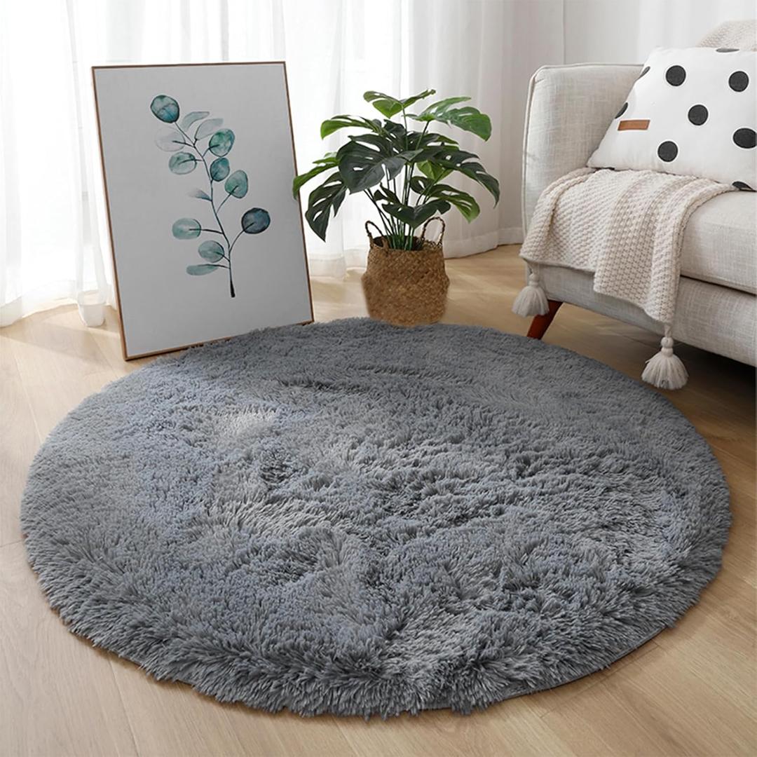 Grey Round Rugs 4Ft for Bedroom, Fluffy Circular Area Carpet, Plush Carpet for Teenagers and Men Cute Gray Carpet, Suitable for Children's Rooms Family Offices Dormitories Daycare Centers