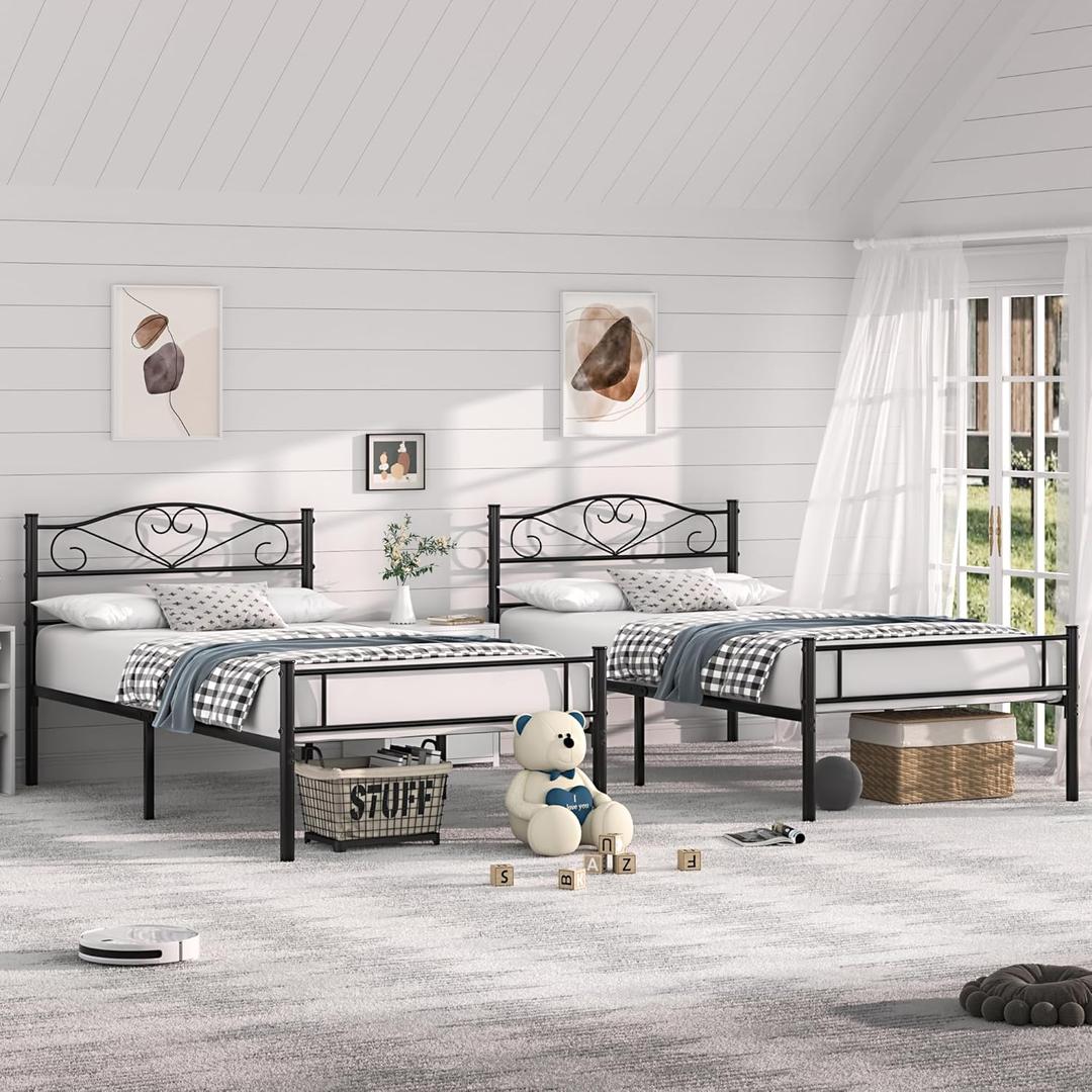 VECELO Twin Size Bed Frames with Headboard and Footboard, Iron Mattress Foundation No Box Spring Needed, Heavy Duty/Easy Set Up, 2 PCS, Matte Black