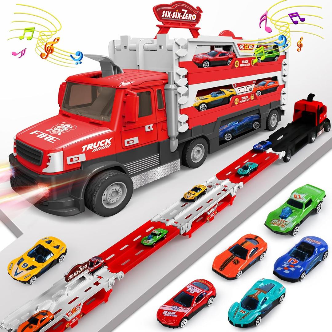 Carrier Truck Race Track Kids Toys, 4.6-FT Foldable Hauler Track Ejection Car Police Trucks Toy and 6 Racing Car with Light&Sounds, Truck Toy Child Xmas Gifts for 3+ Year Old Boys Girls-Red