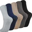 3/5 Pairs Pilates Socks with Grips for Women Men, Non Slip Crew Socks for Yoga, Barre, Dance, Ballet, Fitness, L