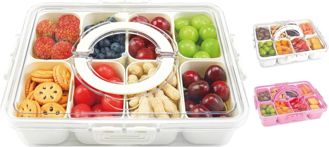 Snackle Box Container, 8 Compartment Divided Serving Tray with Lid and Handle, Snack Box Container for Candy, Fruit and Snacks, Great for Gatherings, Outings, Parties and Entertaining
