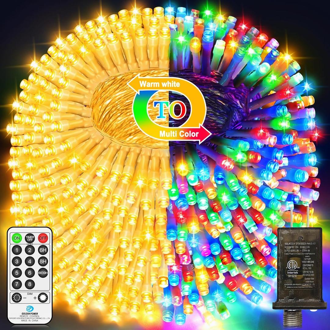 200 FT 500 LED Christmas Lights Outdoor Decorations Fairy Lights Waterproof 11 Modes Timer Clear Wire String Lights for Outside House Tree Patio Yard Wedding Party Holiday-Multicolored To Warm White