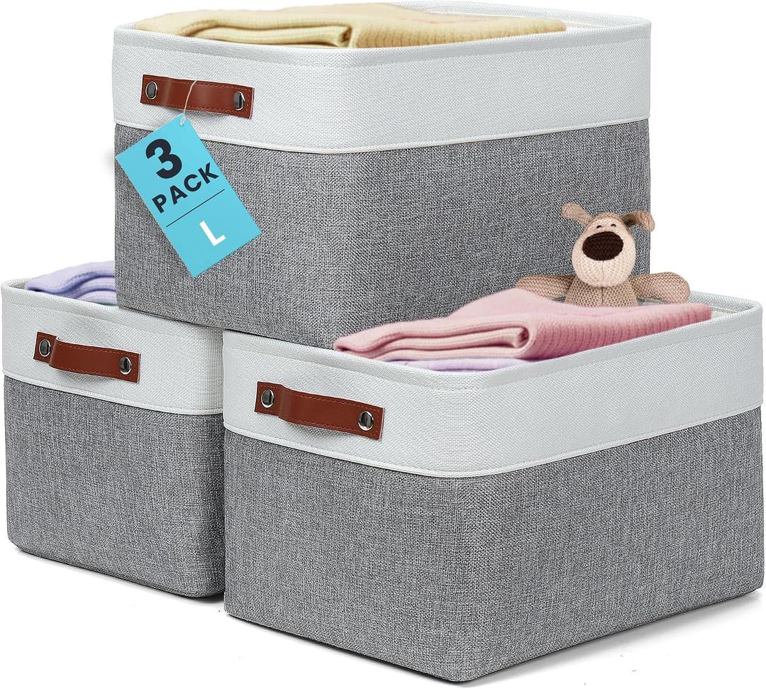 OrganiHaus Large Fabric Storage Baskets for Shelves 3 Pack, 15x11in Closet Storage Bins, Canvas Storage Bin for Organizing, Cloth Baskets, Linen Closet Organizers, Gray/Off-White