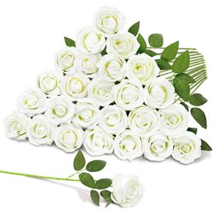 22 Pcs Artificial Roses - Realistic Velvet Flowers with Stems, Bulk Faux Roses for Home Wedding Party Decor (White)