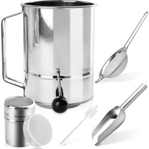 5 in 1 Flour Sifter Set, 5 Cup Stainless Steel Flour Sifter with Powdered Sugar Shaker Duster,Mesh Strainer,Metal Scoop,Cleaning Brush,Rotary Hand Crank Sifter for Baking,Dessert,Kitchen