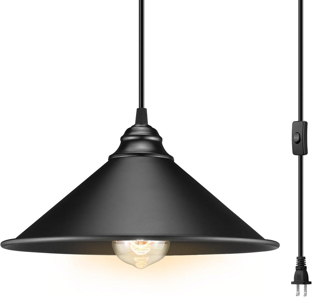 LYOOWNG Plug-in Pendant Light, Bigger Hanging Lights with Plug-in Cord On/Off Switch, 13FT Industrial Plugin Hanging Light, Vintage Pendant Lights Fixture, Big Black
