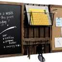 MyGift 3 Panel Wall Mounted Entryway Bulletin Board Combo Set with Rustic Burnt Solid Wood Frame with a Chalkboard, Cork Board, Black Metal Mail Basket, and Hanging Rail