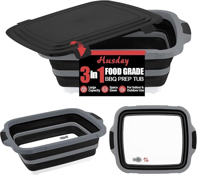 2-Pack XL Collapsible BBQ Prep Tub with Lid (4.22 Gal / 16L) - Built-In Cutting Board & Strainer, Large Meat Marinade Container, Camping Sink & Food Storage Bin for Grilling, Outdoor Cooking - Black
