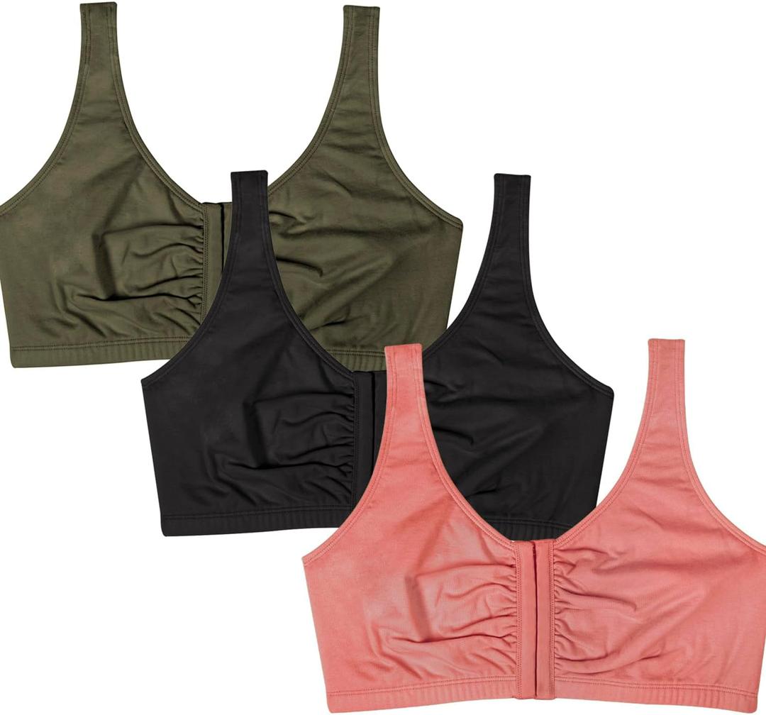 Fruit of the Loom Women's Front Close Sports Bra - Cotton Blend, Easy Fit & Built-Up Support (36, Desert Dusk/ Olive Night/Black)