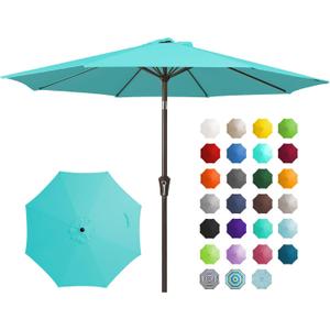JEAREY 9FT Outdoor Patio Umbrella Outdoor Table Umbrella with Push Button Tilt and Crank, Market Umbrella 8 Sturdy Ribs UV Protection Waterproof for Garden, Deck, Backyard, Pool (Peacock Blue)