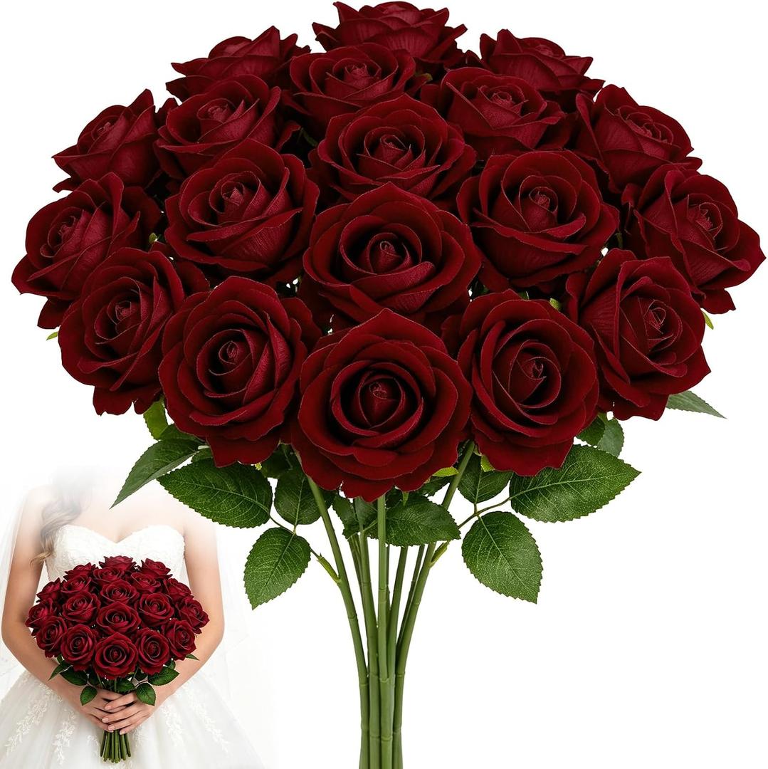 24PCS 20‘’ Burgundy Artificial Roses Flowers with Long Stems Real Looking Silk Foam Fake Roses for DIY Proposal Wedding Realistic Bouquets Bridal Shower Party Centerpiece Table Vase Decorations