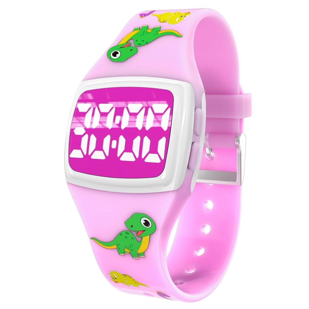 SKYROKU Potty Watch for Toddler Girls  Magnetic Charging, 5 Timing Modes, Ultra-Long Standby, Cute Dinosaur Pattern, Music & Flash Reminders, Silicone Strap, Large Dial for Easy Use (Pink-White)