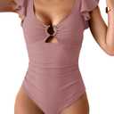 Eomenie Womens Ruffled One Piece Swimsuit Slimming Tummy Control Bathing Suit V-Neck Cutout Swimwear for Resort Wear Bare Pink M 