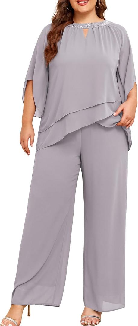 Hanna Nikole Mother of Bride Pant Suits Plus Size Half Sleeve 2 Piece Chiffon Pantsuit Formal Wedding Guest Outfit (16 Plus, Light Gray)