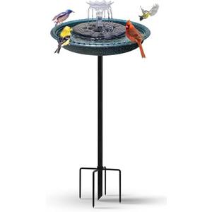 Bird Bath with Solar Fountain, Durable 5-Prong Base Solar Bird Bath with Stable Metal Stake, Detachable Solar Powered Bird Baths for Garden Outdoor Yard Lawn, Spotted Green