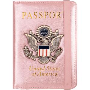 TOURSUIT RFID Blocking Passport Holder for Women Men, Leather Passport Travel Wallet with Metal 3D Metal Badge, Travel Document Holder Cover Accessories (Rose Gold)
