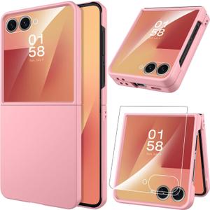 Miimall Slim for Samsung Z Flip 7 Case Built-in Screen Protector,Drop-Proof Military Grade Shockproof Non-Slip Anti-Scratches Lightweight Grip Full Body Cover,Thin Case for Flip 7 Samsung Cute,Pink