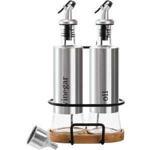Tebery 2 Pack Olive Oil and Vinegar Bottle Set with Rack and Wooden Base, 10OZ Olive Dispenser Glass Cooking Oil Cruet Bottles with Pourers and Funnel for Kitchen