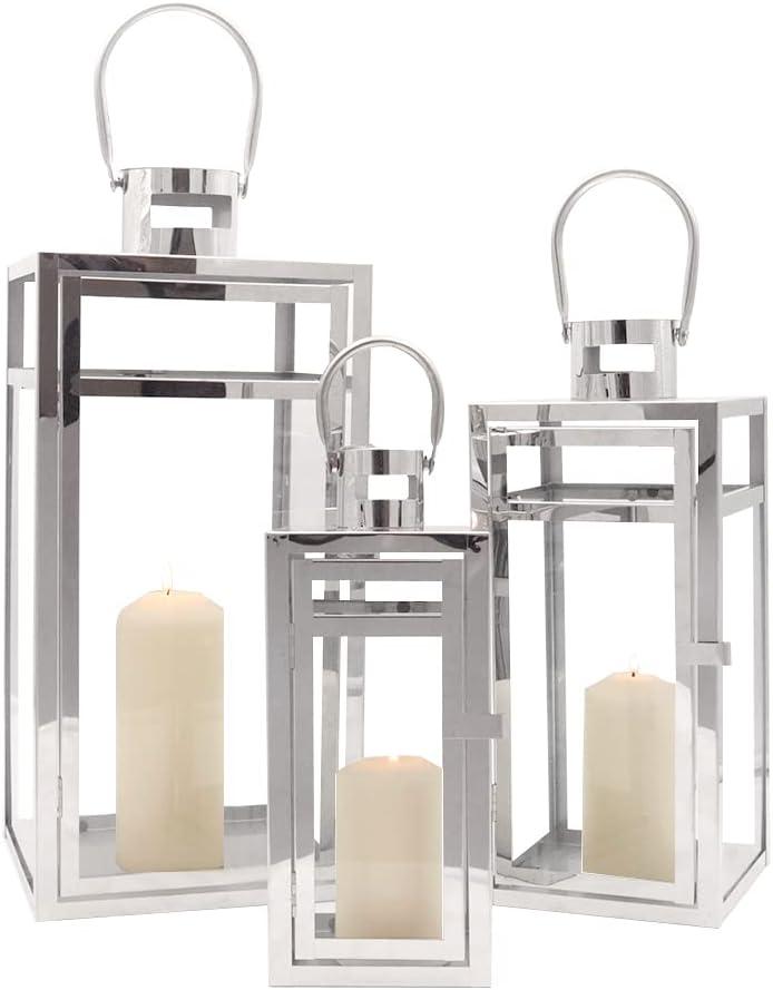 TRIROCKS Stainless Steel Lantern Set of 3, 19" Tall Metal Hanging Lanterns with Clear Glass Panels, Indoor & Outdoor Home Decor for Living Room, Tabletop, Parties & Events - Silver Finish