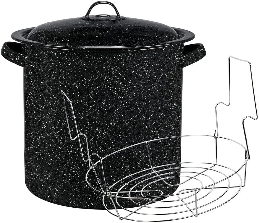 Granite Ware Water Bath Canner with Collapsible Jar Rack, 15.5 Quarts - Durable Enamel Steel Pot for Efficient Canning & Cooking, Non-Stick Surface - Safe for Gas & Electric Stovetops (Speckled Black)