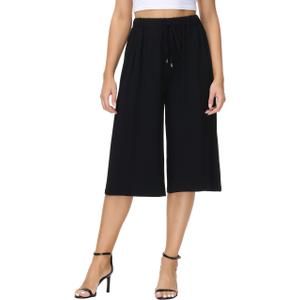 HOW'ON Women's Elastic Waist Wide Leg Casual Palazzo Capri Culottes Pants Soft Knit Cropped Pants Blue S (Blue, S)