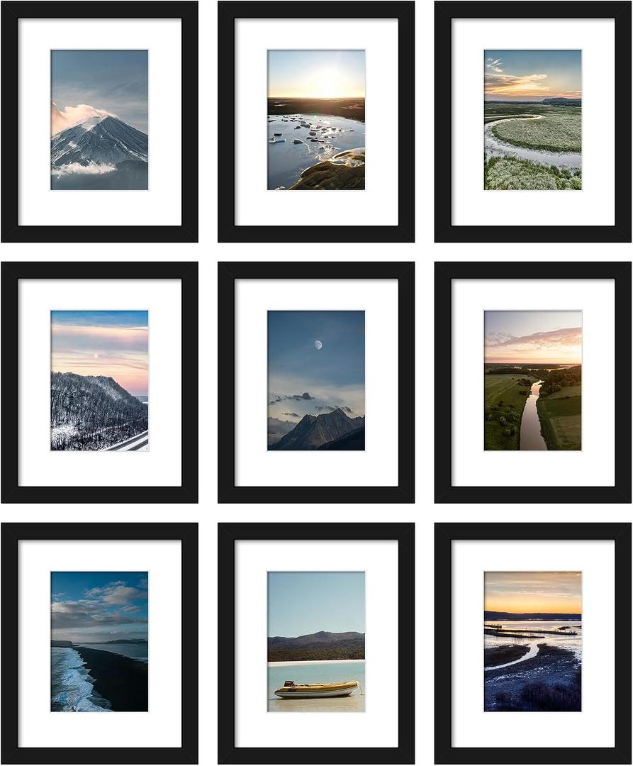 Wiscet 8x10 Picture Frame Set of 9, Display Pictures 5x7 with Mat or 8 x 10 Without Mat, Photo Frame for Wall Mounting or Tabletop, Black