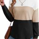 Dokotoo Womens Tops Casual Long Sleeve Waffle Knit Oversized Shirts Crewneck Color Block Pullover Sweatshirts (X-Large, White)