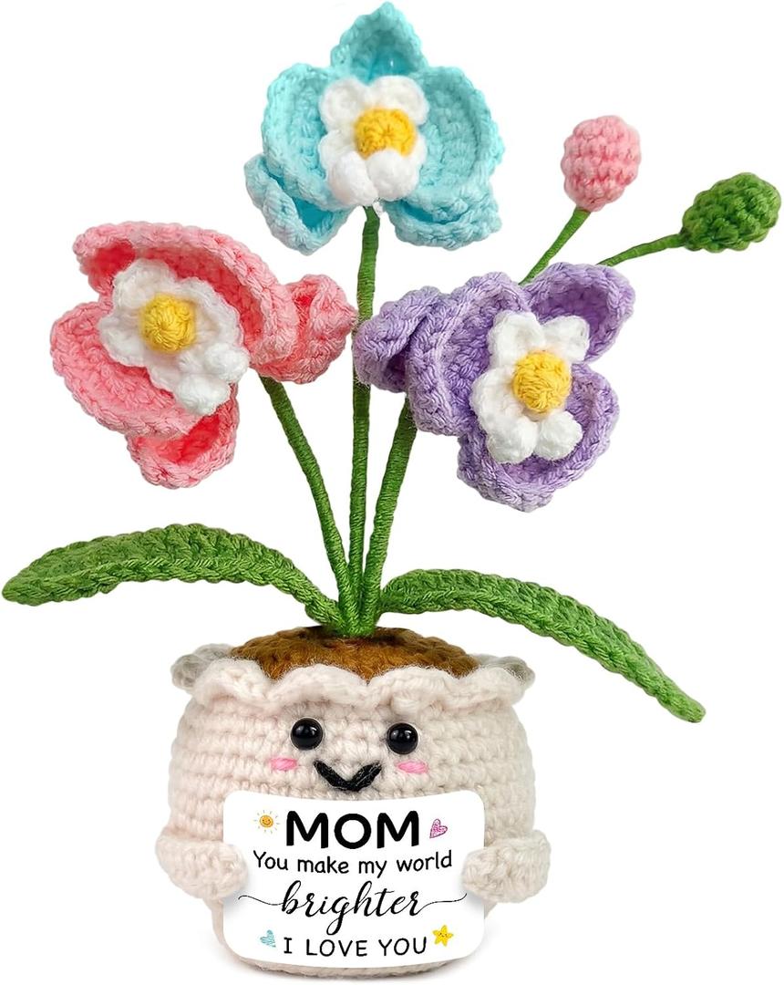2 x Tiny Detalles Birthday Gift for Mom from Daughter Son - Mini Orchid Crochet Pot Gift for Mom Grandma, Cute Crochet Flower for Desk Decor, Valentines Easter for Bonus Step Mama