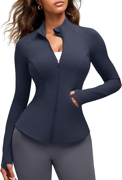 G4Free Gym Jackets for Women Slim Fit Full Zip Yoga Running Tops Raglan Sleeve Sports Casual Sweatshirts with Thumb Holes (Dark Navy,L)