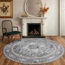 PURRUGS Vintage Farmhouse Boho Area Rug 6x6 ft, Non-Slip Machine Washable Round Rug, Accent Oriental Rug for Dining Room, Living Room, Bedroom, Entryway and Kitchen, Periwinkle Gray/Soft Ivory (6ft Round)