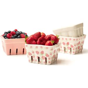 Farmhouse Ceramic Berry Basket, Colander, Strawberry Decor, Fruit Bowls/Baskets, Kawaii Kitchen bowl, Pink White and Cute Strawberry pattern Stoneware Harvest Square Bowls Set of 4