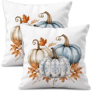Fall Pillow Covers 18x18 Set of 2 White Linen Decorative Throw Pillowcases, Double-Sided Pumpkin Print, Slightly Water-Resistant, Cushion Covers for Autumn Home Decor