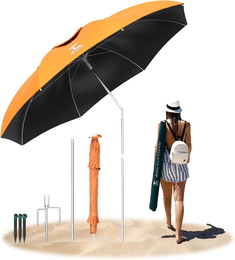 7ft Beach Umbrella, Portable Wind Beach Umbrellas for Sand with Anchor and Carrying Bag, UPF50+ UV Protection Outdoor Sunshade Umbrella,Tilt Sun Shelter for Beach Patio Backyard