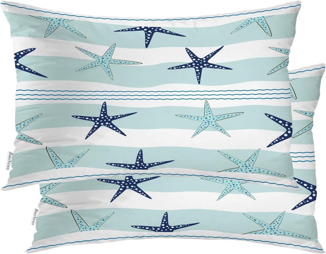 Duotone Blue Nautical Starfish Throw Pillow Covers,Dark Blue Coastal Stripe Cushion Cover Digital Blended Hidden Zipper Decorative Pillowcases for Bedroom Lumbar 20X26 in 2 Pcs