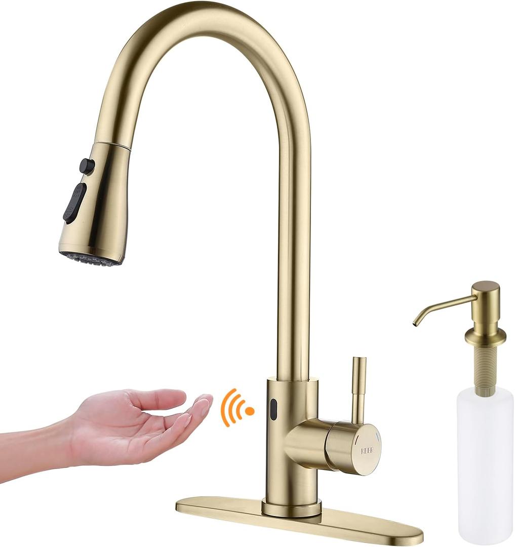 Touchless Faucet with Pull Down Sprayer, Motion Sensor & Soap Dispenser - Single High Arc Pull Out Faucet for Kitchen Sink, RV, Gold