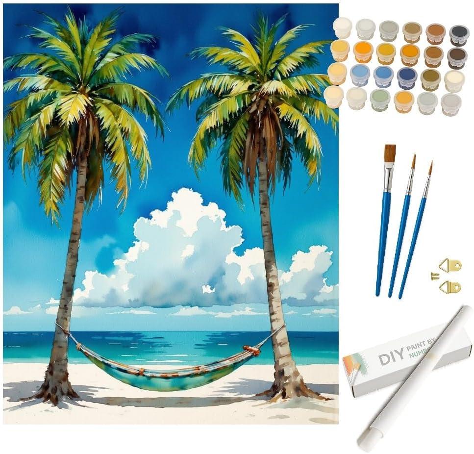 Tropical Hammock Paint by Numbers Kit for Adults - DIY Palm Trees and Beach Painting on Rolled Canvas 16x20In, Acrylic Paint Set, Suitable for Beginners, Art for Home Decoration or Gifts