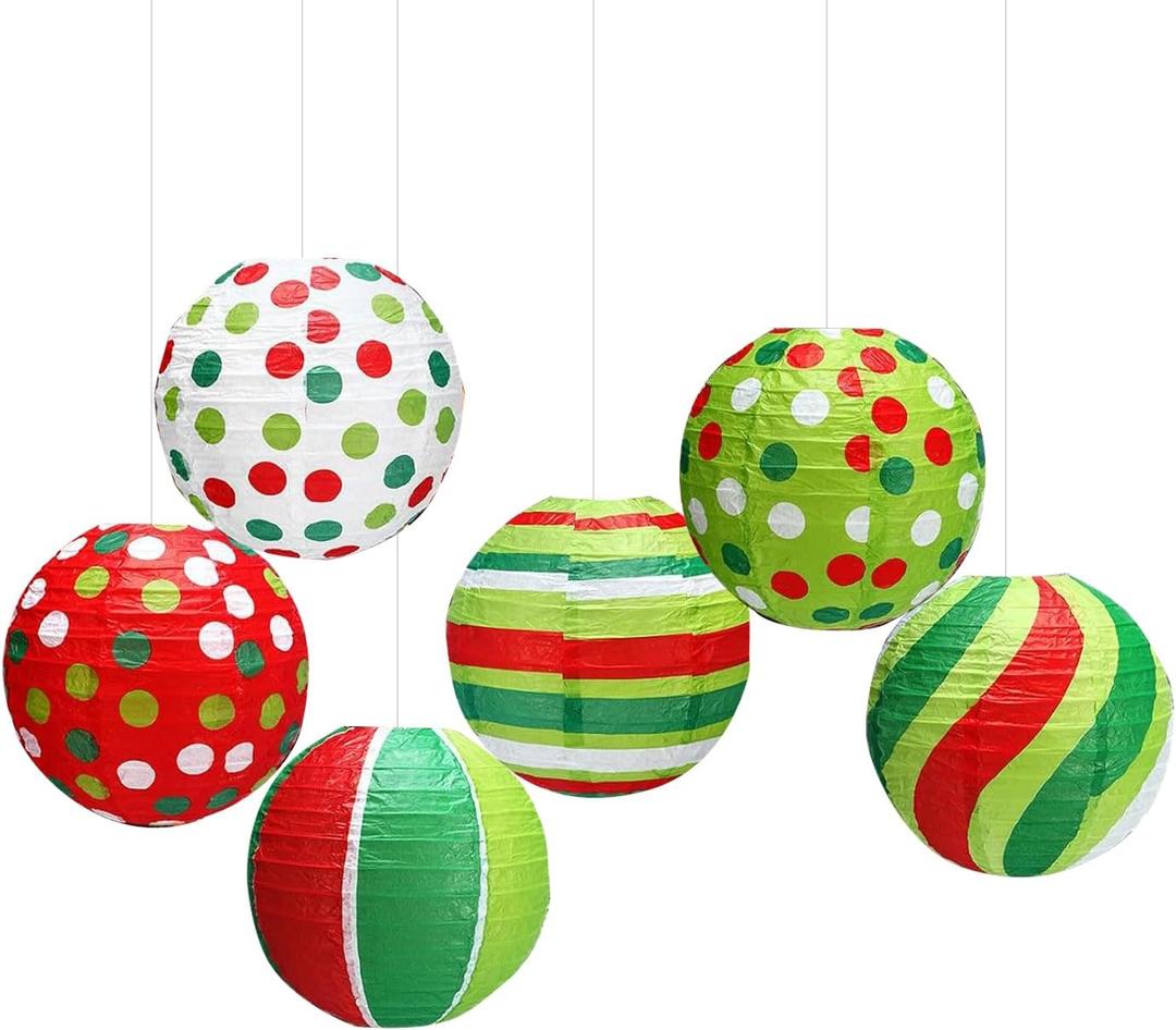 6 Pcs Christmas Paper Lantern 10" Red & Green Hanging Paper Lanterns Christmas Ceiling Hanging Decorations for Xmas Home Indoor Holiday Party Decor (Red&Green)