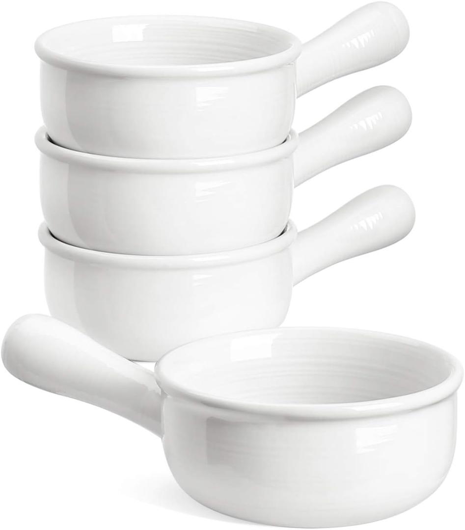 LE TAUCI French Onion Soup Bowls, 15 Ounce Ceramic Soup Bowls with Handles, for Chili, Beef Stew, Oven Microwave Dishwasher Safe, Set of 4, White