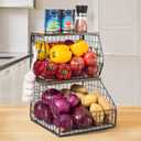 Fruit Basket, Stackable Wall Mounted Fruit Baskets, Potato Baskets Onion Storage for Kitchen, Hanging Wire Basket with Wood Lid, 2-Tier Vegetable Organizer Kitchen Countertop Organization (11.8" x 12" x 8.5", Brown)