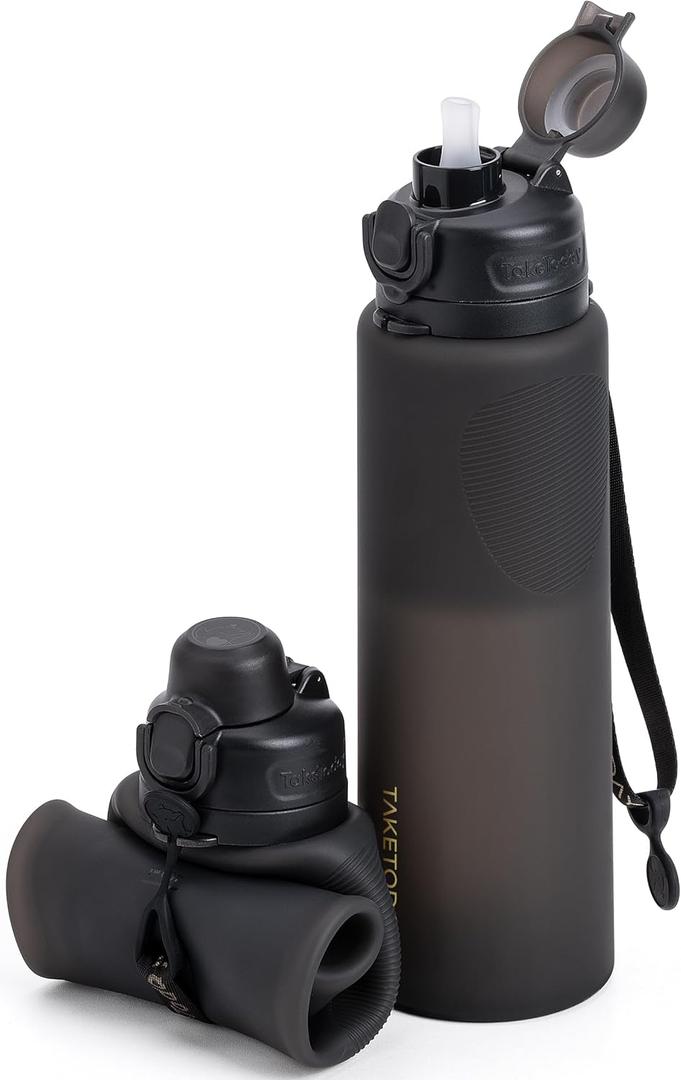 Collapsible Water Bottles 32oz, Foldable Travel Water Bottle, BPA Free, Silicone Water Bottle Leakproof for Hiking, International Travel, Outdoors (Black)
