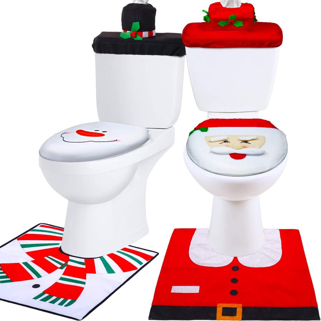 Tatuo 6 Pieces Christmas Theme Bathroom Decoration Set, Snowman Santa Toilet Seat Cover and Rug Set Tank Cover, Red Christmas Decorations for Xmas Bathroom Indoor Decor Party Favors