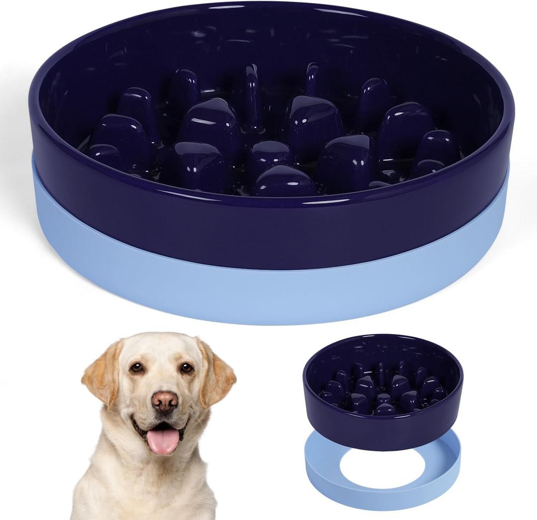 Sted Ceramic Slow Feeder Dog Bowl for Medium Large Breed, Puzzle Dog Food Bowl with Silicone Base, Maze Blue (Large-9.5 inches)