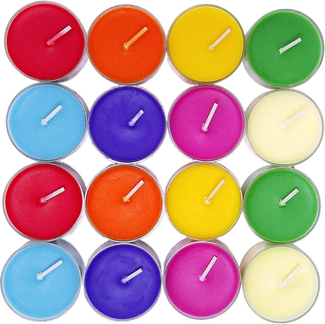 Chakra Colored & Scented Tealight Candles  16 Soy Wax Candles with Essential Oils, 7 Chakra Colors  60+ Hours Burn Time for Meditation, Reiki & Home Decor