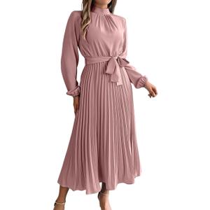 ChiaoLezhee Pleated Maxi Dress, Mock Neck A Line, Fall Holiday, Long Sleeve Modest Business Casual Flowy Dresses for Women (6-8, Light Pink)