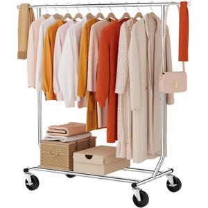 Tajsoon Clothing Rack Heavy Duty Clothes Racks Foldable Garment Rack with Wheels and Extendable Rod, Collapsible Clothing Rack Max Capacity 250lbs, Industrial Rolling Racks with Bottom Shelf, Chrome