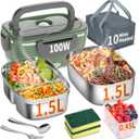 Electric Heated Lunch Box for Adults with 2 Pack 1.5L Containers, Portable 100W 3-IN-1 Fast Heated Lunch Box for Men Women, Portable Heating Food Warmer,12V/24V/110V for Car Truck Office Home Travel (Green/Grey)