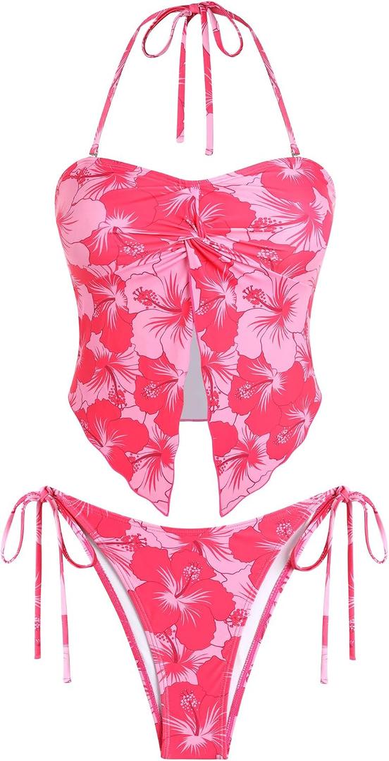 ZAFUL Floral Twist Bikini Set for Women Halter Tankini Tie Side String Swimsuit Two Piece Bathing Suit (Pink, M)